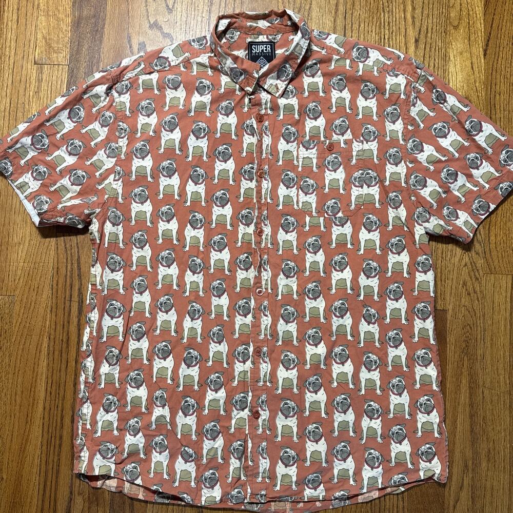 Super Massive Men's Short Sleeve Button Down Shirt Pug Dog Print XL Orange C23